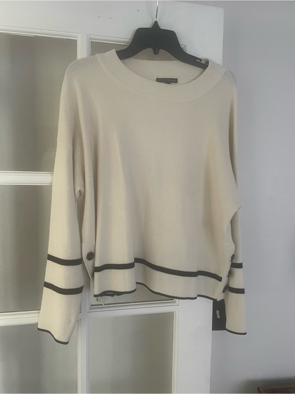 Adrianna Papell Cream Crewneck Sweater with Black Trim